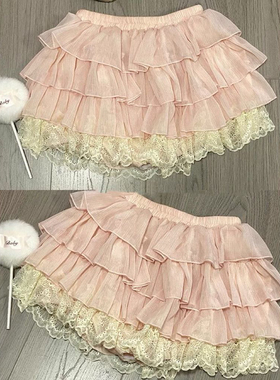 软妹风杏色丝绒半身裙女秋冬款蕾丝拼接蓬蓬蛋糕裙小个子a字短裙