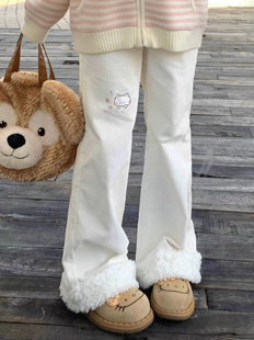 羊羔毛拼接休闲长裤 女 米白色全棉灯芯绒高腰喇叭裤 RichGirl少女