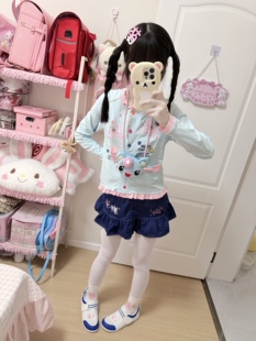 RichGirl少女原创自制可爱印花刺绣开衫 褶皱刺绣牛仔短裙 上衣