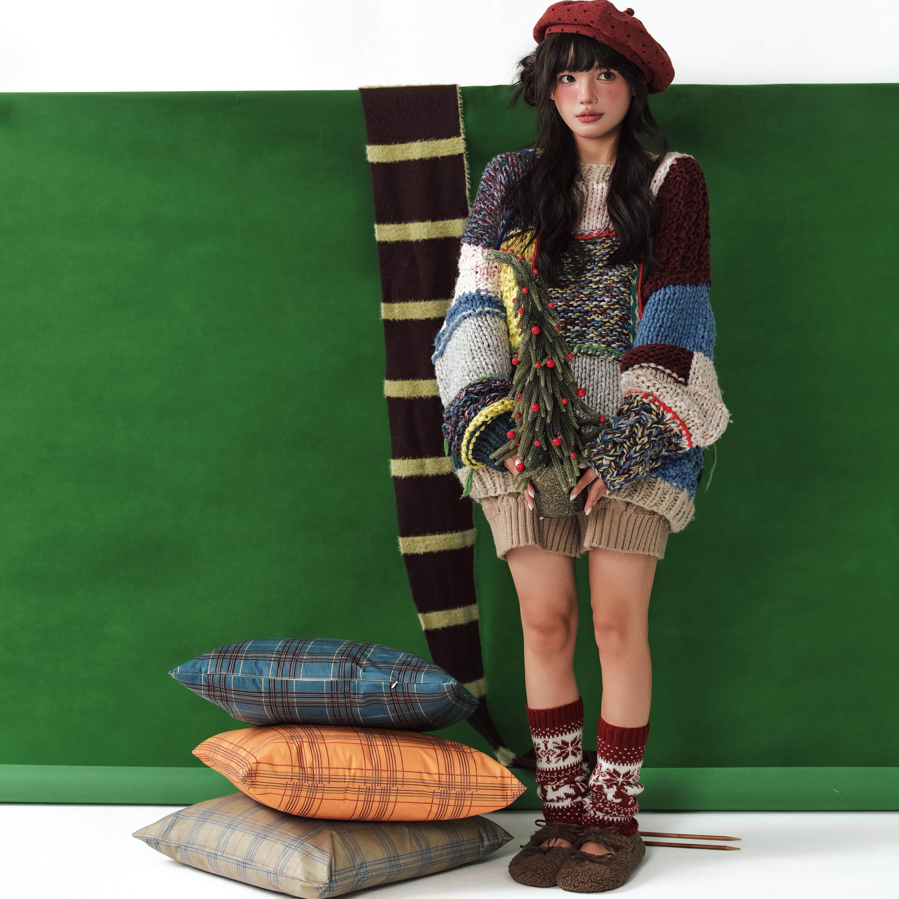 复古拼接风流苏针织毛衣