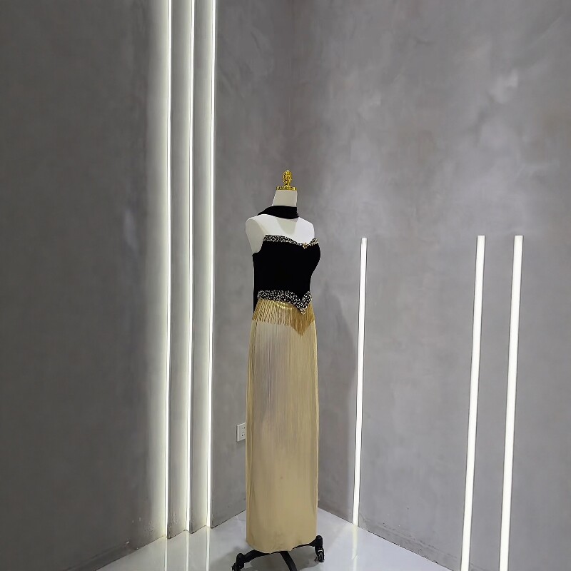 新中式法式一字肩高腰流苏礼服裙