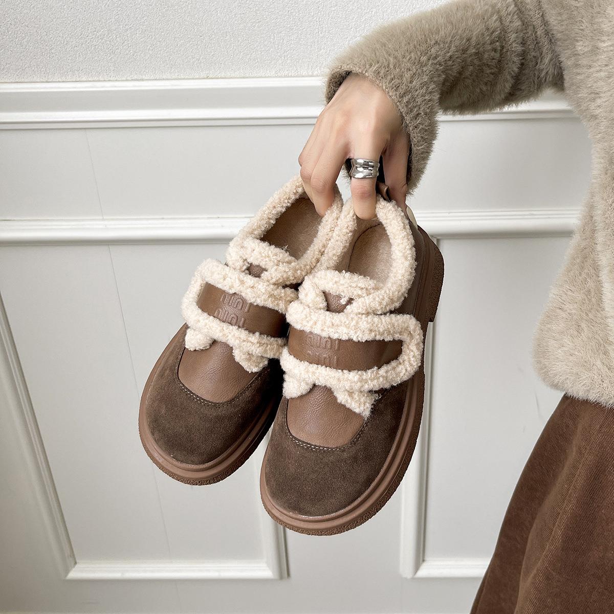 688-1冬季时尚韩版拼色加绒棉鞋女魔术贴低跟绒面乐福鞋