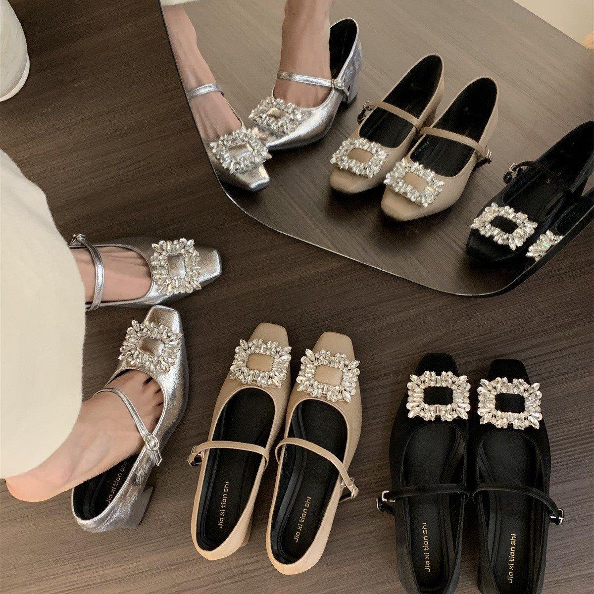 晚风春秋季银色新款浅口水钻2025粗跟玛丽珍高跟鞋通勤法式单鞋女