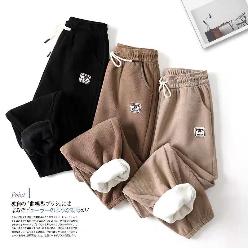 2024秋季运动女装加绒加厚宽松束脚卫裤女简约高腰木棉绒裤子高腰