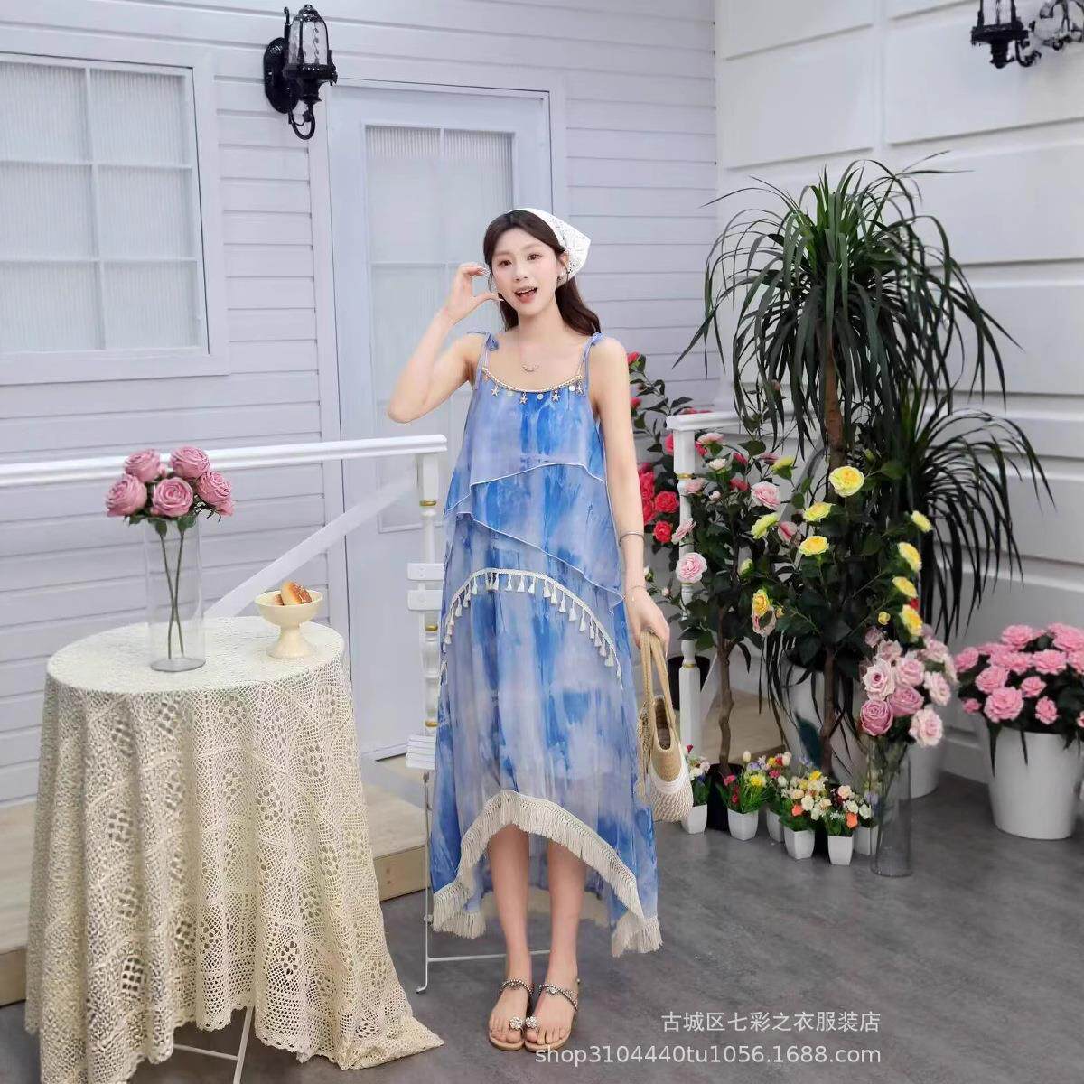 白色可以染 蓝色度假风背心吊带女装夏季民族风日常流行中长裙子