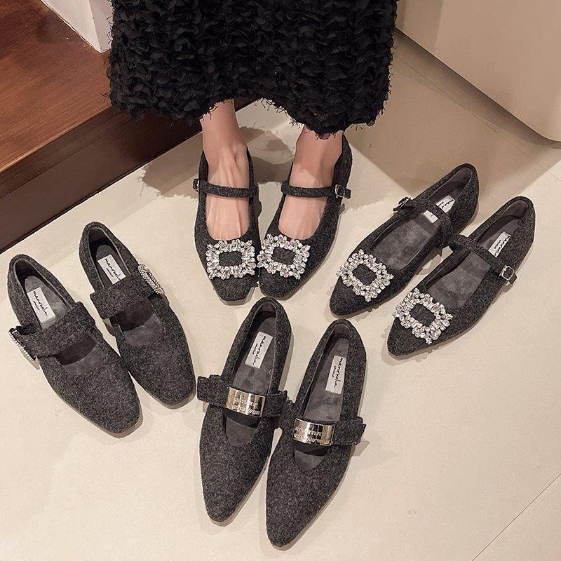 扣小香风加绒毛毛冬2025水钻粗跟新款方头温柔气质瓢玛丽珍鞋子女