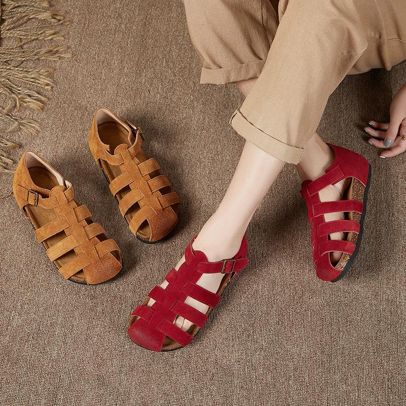 2025新款真皮复古包头罗马凉鞋女平底厚底牛皮编织BO肯女鞋