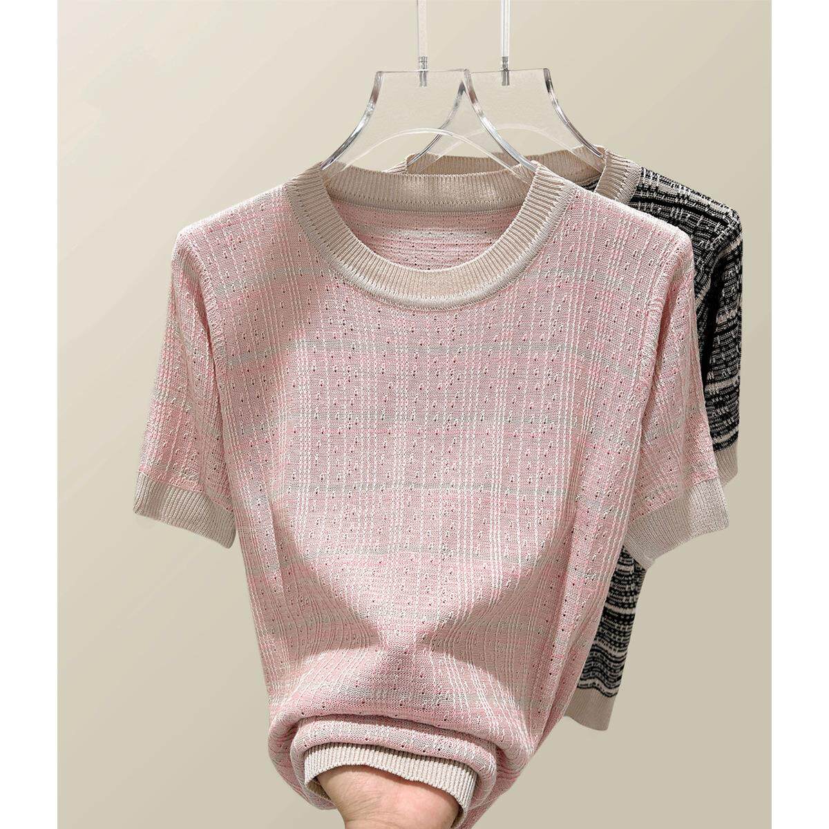 新款莱赛尔天丝圆领冰丝上衣夏季宽松高级感亚麻短袖t恤针织衫女