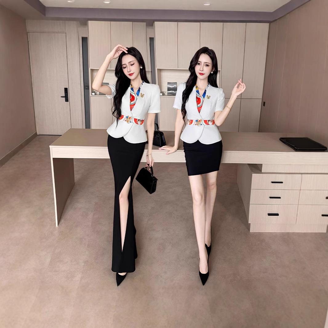 2676白色短袖西装套装女时尚气质职业女神范主持人正装美容