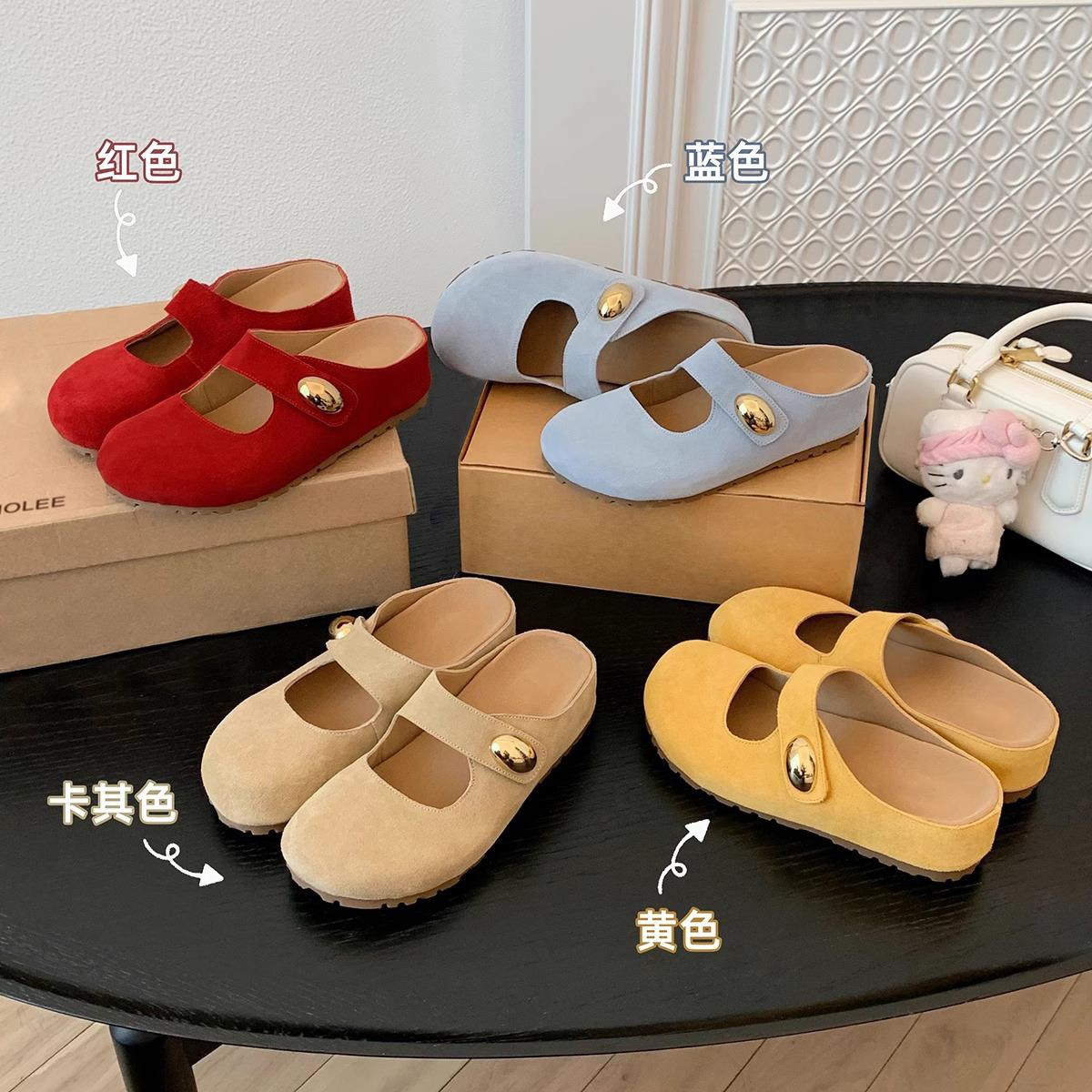 小个子复古气质内5cm小金豆圆头一脚蹬厚底勃肯半拖鞋女