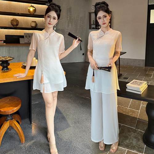 足浴养生馆技师工作服采耳茶艺师柔式工衣国风中式渐变印花长裤装