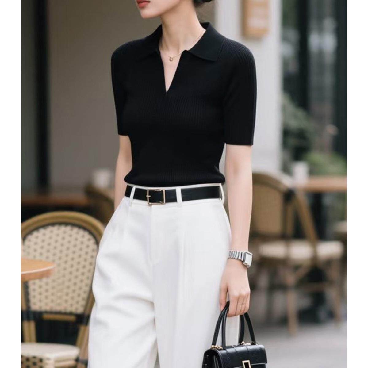 夏季时髦黑色POLO领v领修身显瘦短袖针织衫女休闲风莱赛尔T恤上衣
