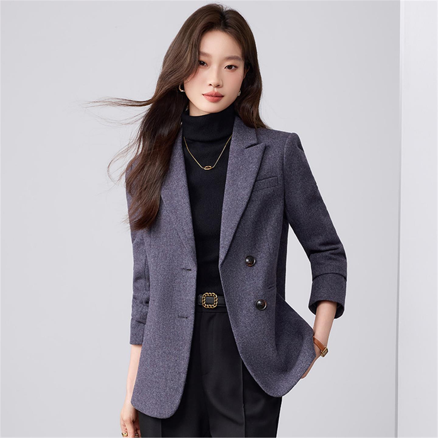 深紫色羊毛西装外套女2025秋冬新款大码女外套时尚两粒扣休闲上衣