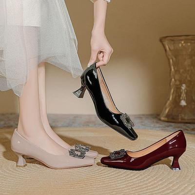 方头高跟鞋女细跟性感2025年新款春秋时尚鞋红色婚鞋漆皮法式单鞋