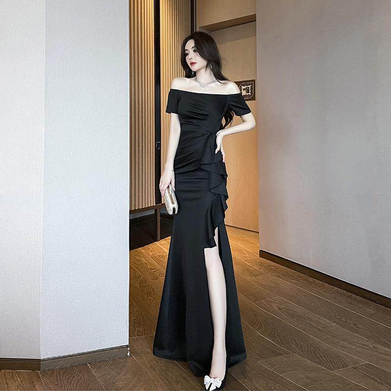 性感一字肩荷叶边拖地连衣裙气质名媛高开晚礼服车模主持礼服长裙