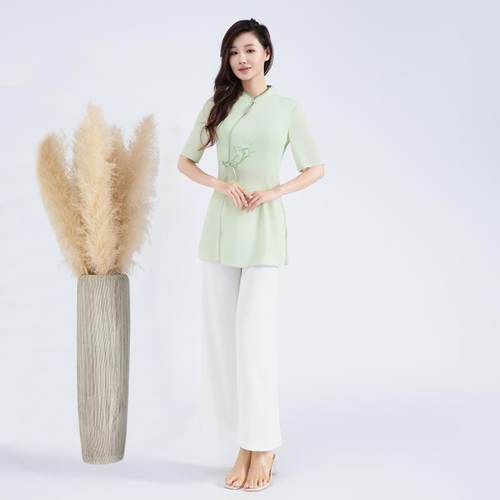 A9100夏季新款足疗足浴技师工作服女中式spa采耳养生会所长裤套装