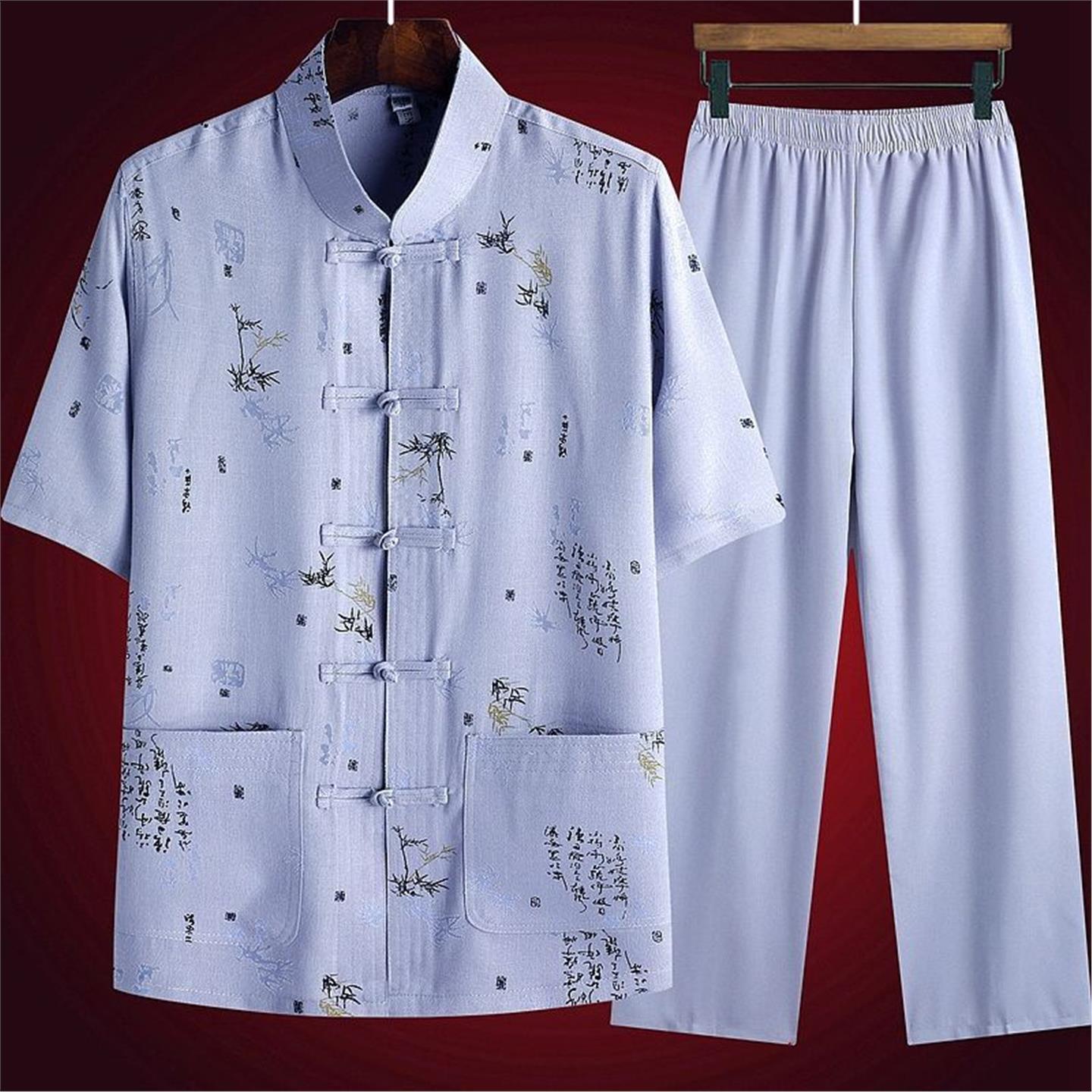 中老年唐装男短袖棉麻套装爸爸汉服薄款老年人衣服中国风爷爷夏装