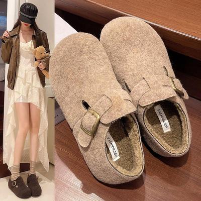加绒外穿毛毛鞋女新款休闲厚底棉鞋包头拖鞋勃肯2025秋冬时尚保暖