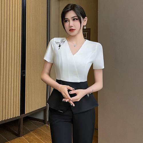 美容师工作服套装女新款足浴足疗技师工服遮肚显瘦刺绣款号1379