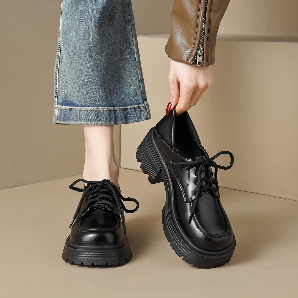 5033-1厚底乐福鞋女系带一脚蹬两穿单鞋黑色复古小皮鞋