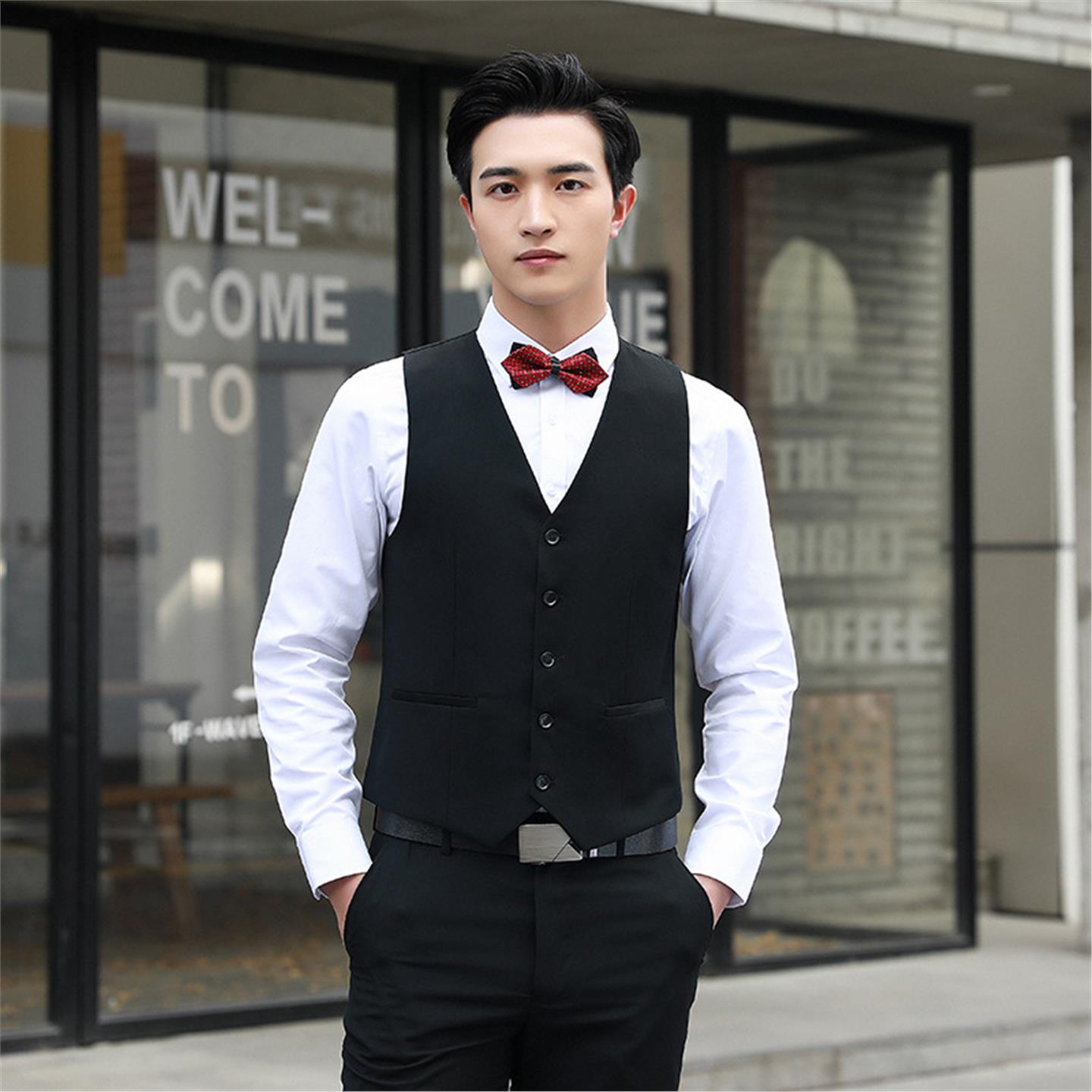 伴郎服西服马甲男西装马夹工装酒店小脚修身大码现货三件套礼服男