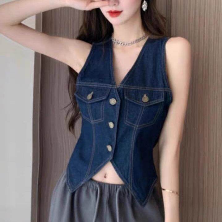复古港风chic牛仔马甲背心女夏薄款纯欲V领无袖修身短款开衫上衣