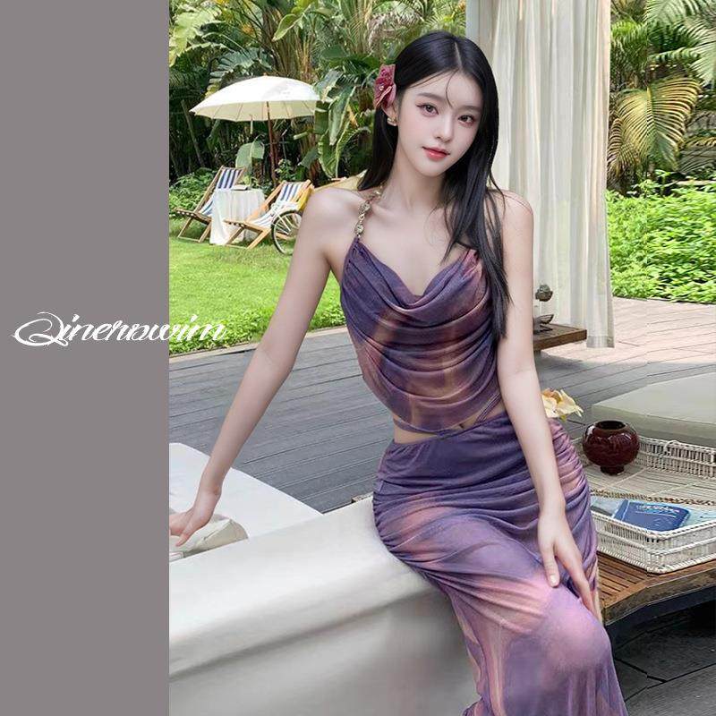 比基尼泳衣三件套长裙时尚扎染性感修身钢托聚拢温泉泳衣专业