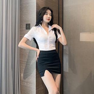 通勤风 显瘦辣妹百搭女衬衫 白色短袖 上衣职业商务学院收腰修身
