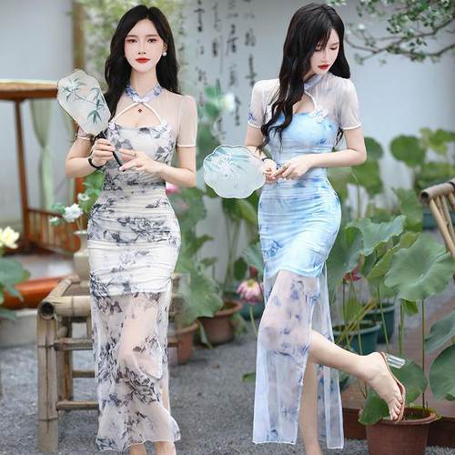 改良旗袍纱网印花桑拿洗浴沐足工衣连衣裙足疗技师工作服夏季新款