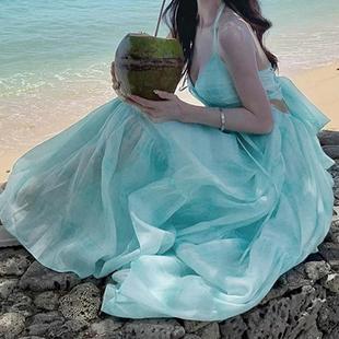 薄荷曼波海边度假氛围感沙滩裙设计感挂脖连衣裙仙女气质大摆裙子