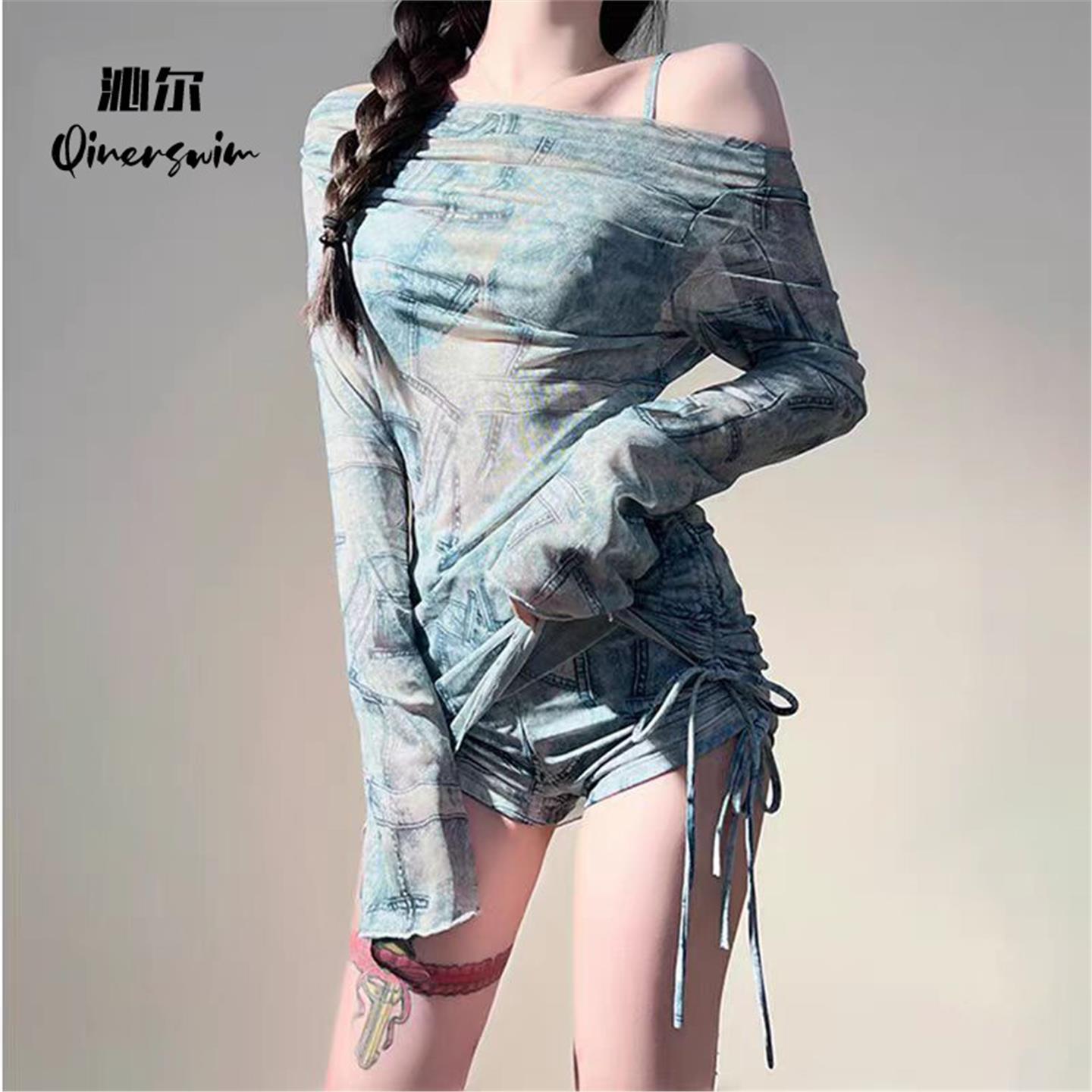 泳衣女款分体三件套装辣妹长袖罩衫平角抽褶短裤比基尼遮肉泳衣女