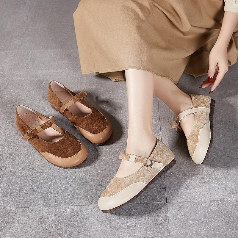 春夏新款法式复古磨砂拼接浅口平底一字皮扣玛丽珍单鞋女