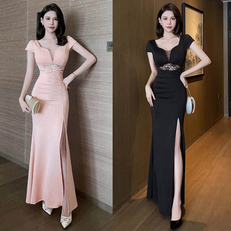 性感V领夜店镂空长款网纱低胸连衣裙桑拿技师小姐晚礼服工作服