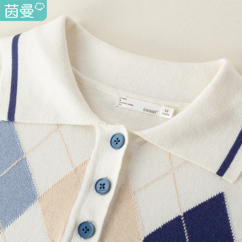 茵曼菱格针织衫女韩系春装2022新款撞色POLO毛衣宽松薄款休闲上衣