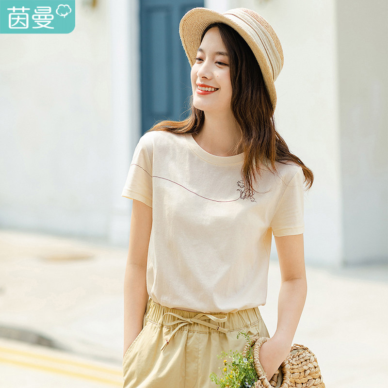 茵曼短袖t恤女夏季2022新款宽松ins绣花内搭体恤舒适薄款外穿上衣