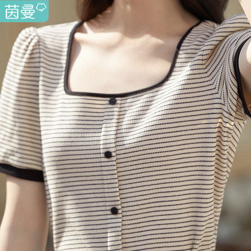 茵曼黑白条纹方领短袖t恤女士夏季2022新款显瘦气质法式方领上衣T