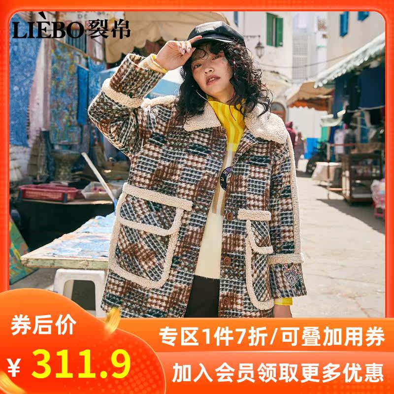 裂帛威尔士格纹大衣女2020冬季新款刺绣流行仿羊绒中长款毛呢外套