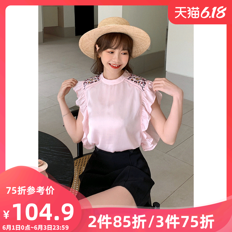 裂帛2020夏季新款优雅文艺OL风荷叶飞边亮片刺绣柔软舒适衬衫女