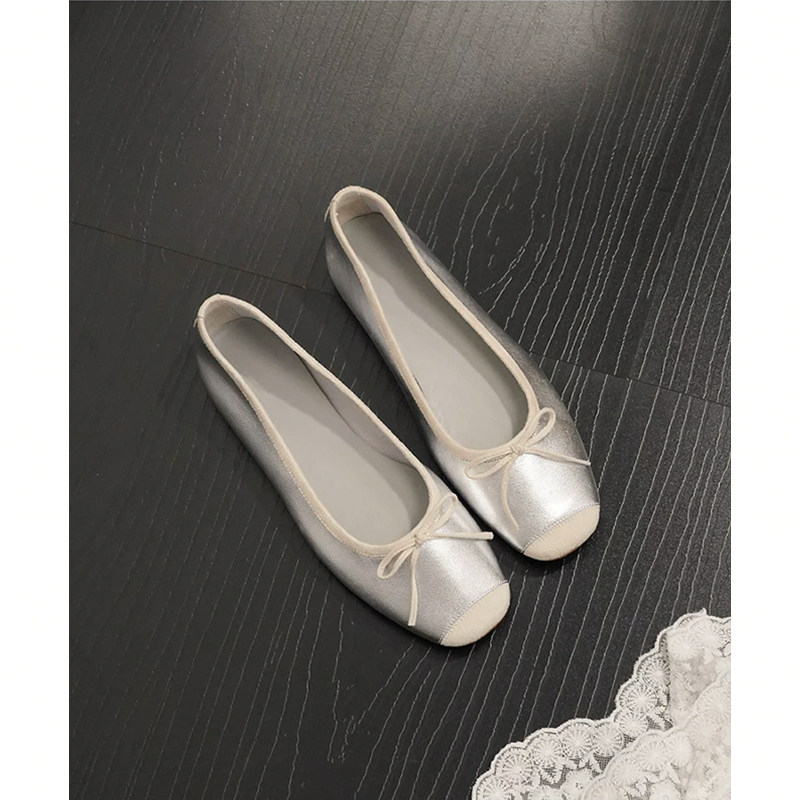 羊皮版~方头浅口蝴蝶结芭蕾舞鞋女甜美平软底法式复古真皮单鞋子
