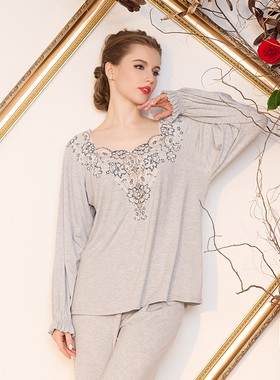 CABRIDA【灰玫瑰】法式复古奢华贵族蕾丝莫代尔家居服睡衣P810AB1