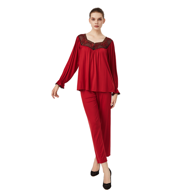 CA BRIDA【鸿运】新品法式复古刺绣花边红莫代尔家居睡衣套N1201