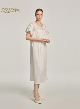CA BRIDA【白色情迷】 法式复古轻奢莫代尔短袖镶嵌蕾丝睡裙P201C