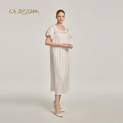 CA BRIDA【白色情迷】 法式复古轻奢莫代尔短袖镶嵌蕾丝睡裙P201C