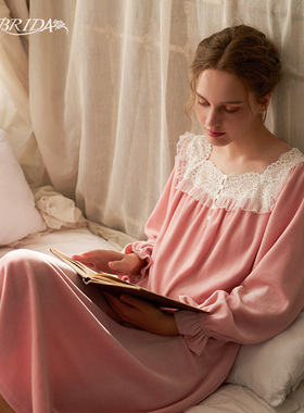 CABRIDA【漫时光】法式宫廷复古秋冬新品棉绒长袖家居睡裙P901C1