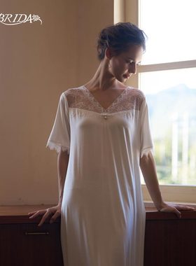 CA BRIDA【巴黎小调】夏新品法式经典蕾丝V领莫代尔短袖睡裙O305