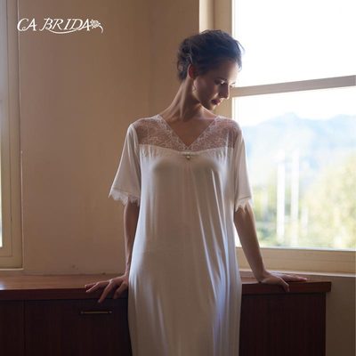 CA BRIDA【巴黎小调】夏新品法式经典蕾丝V领莫代尔短袖睡裙O305