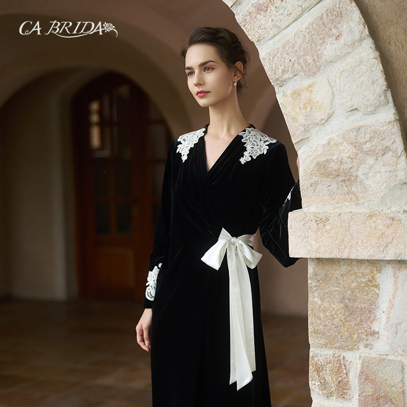CABRIDA【No.0214】【黑标】秋冬新品法式黑白高定奢丝绒睡袍N901