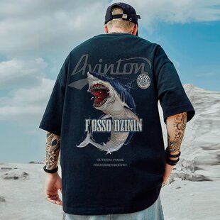 潮牌五分半袖 2023新款 夏季 T恤男ins潮流宽松加肥大码 国潮鲨鱼短袖