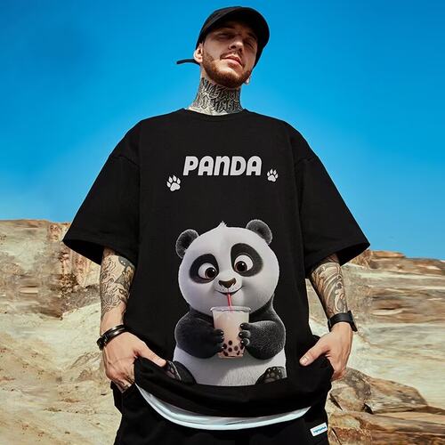 潮牌五分国潮大码潮流T恤熊猫