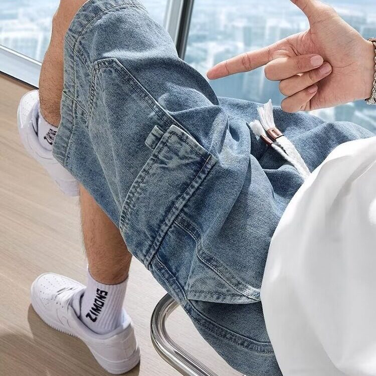 美式复古大码工装牛仔五分中裤男图片